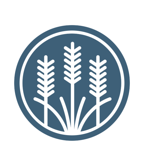 Icon of three white plants in a blue circle on a white background