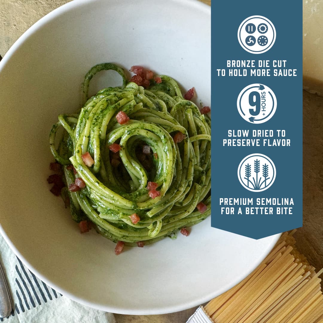 Sfoglini Bigoli - Bronze die cut to hold more sauce. Slow dried to preserve flavor. Premium semolina for a better bite.