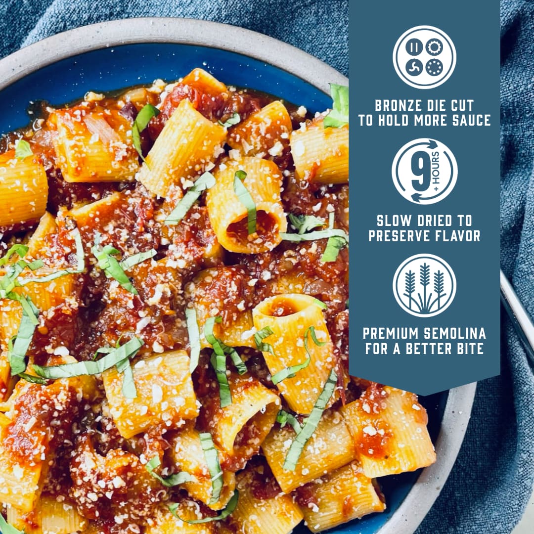 Sfoglini Rigatoni - Bronze die cut to hold more sauce. Slow dried to preserve flavor. Premium semolina for a better bite.