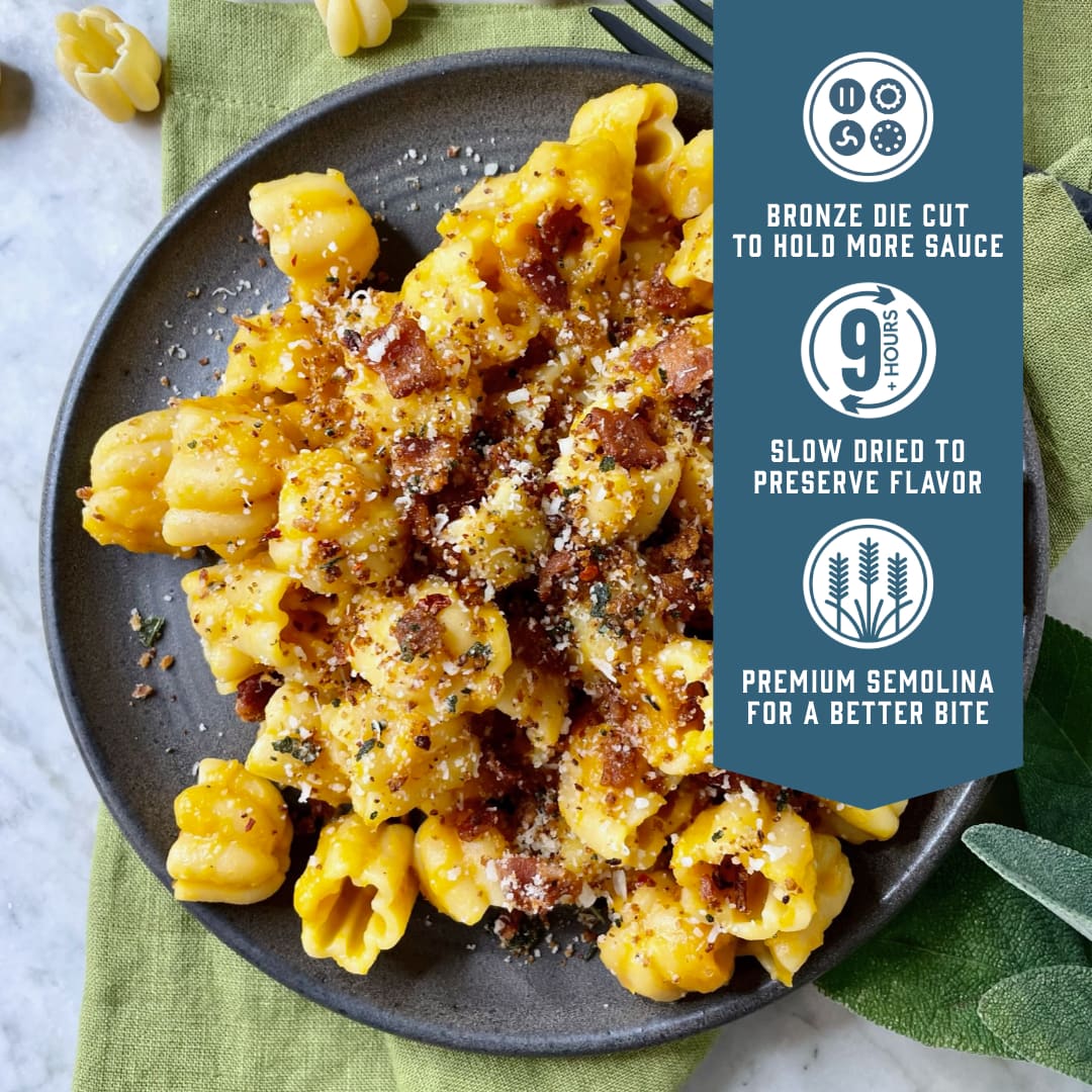 Sfoglini Zucca - Bronze die cut to hold more sauce. Slow dried to preserve flavor. Premium semolina for a better bite.