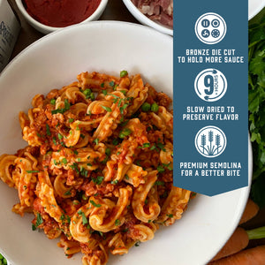 Sfoglini Cascatelli by Sporkful- Bronze die cut to hold more sauce. Slow dried to preserve flavor. Premium semolina for a better bite.