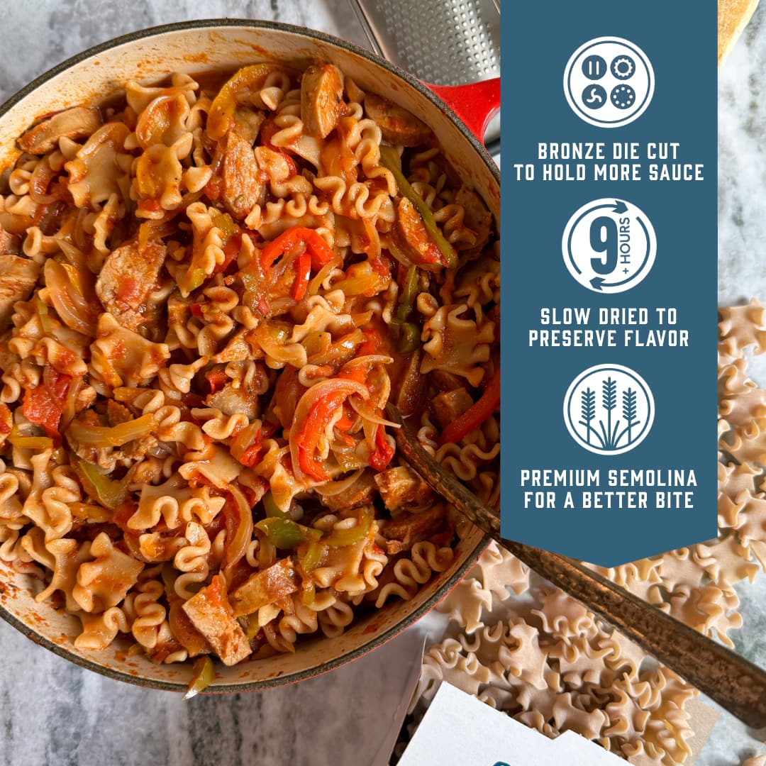 Sfoglini Whole Grain Reginetti - Bronze die cut to hold more sauce. Slow dried to preserve flavor. Premium semolina for a better bite.