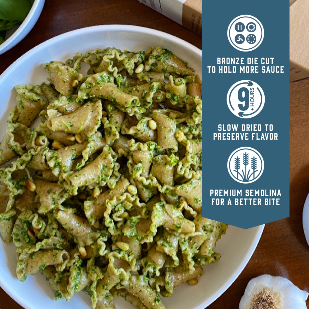 Sfoglini Whole Grain Rye Trumpets - Bronze die cut to hold more sauce. Slow dried to preserve flavor. Premium semolina for a better bite.