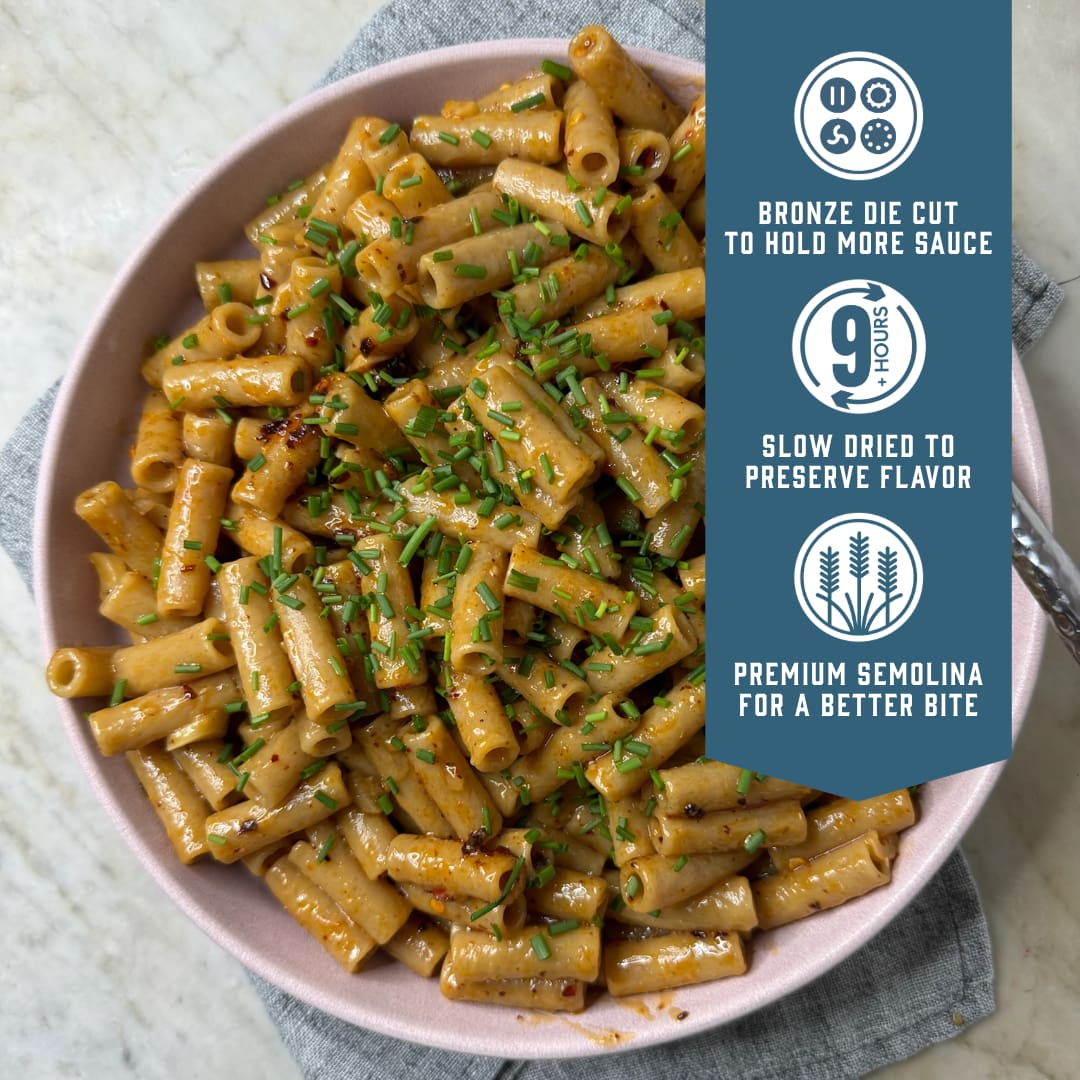 Sfoglini Whole Grain Einkorn Ziti - Bronze die cut to hold more sauce. Slow dried to preserve flavor. Premium semolina for a better bite.