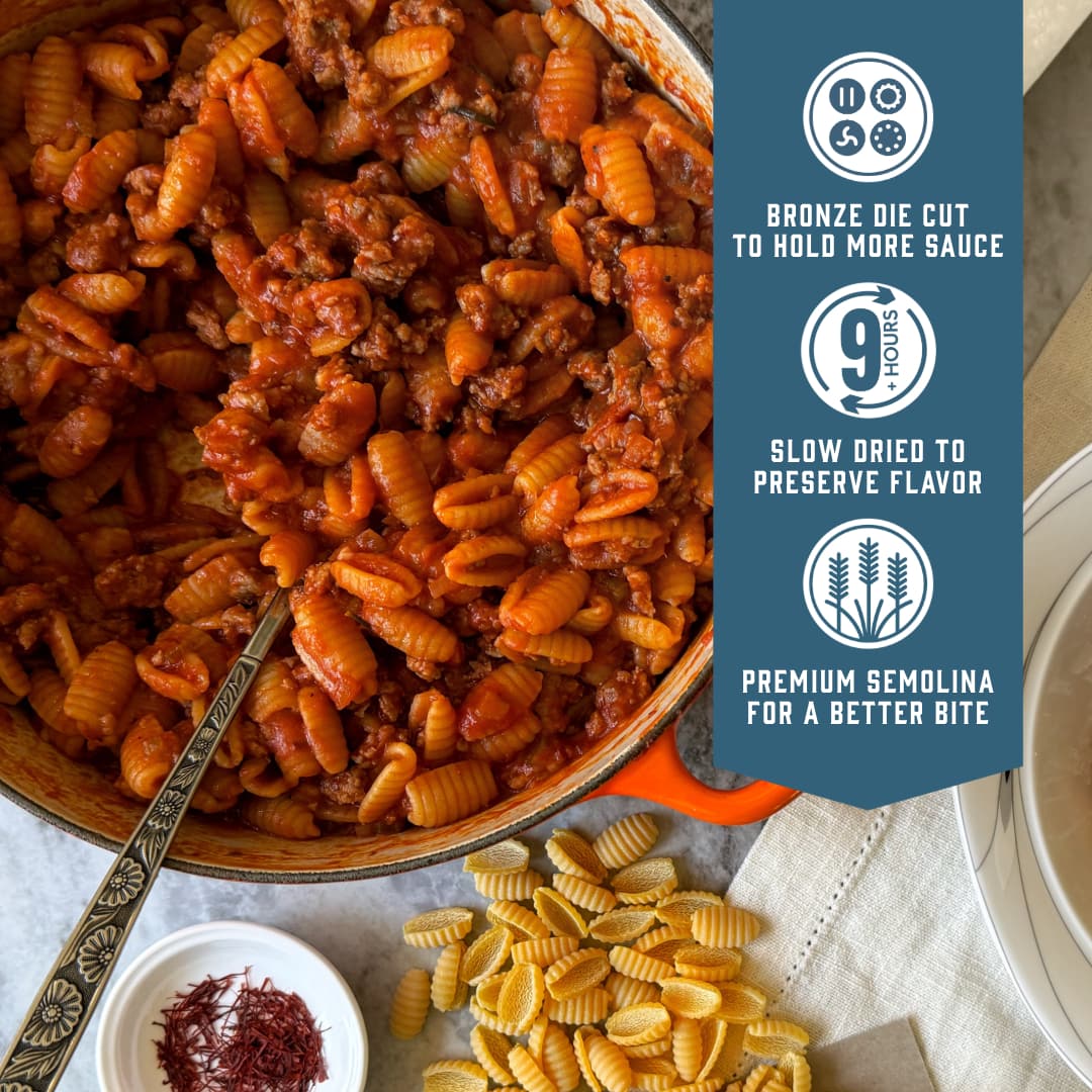 Sfoglini Saffron Malloreddus - Bronze die cut to hold more sauce. Slow dried to preserve flavor. Premium semolina for a better bite.