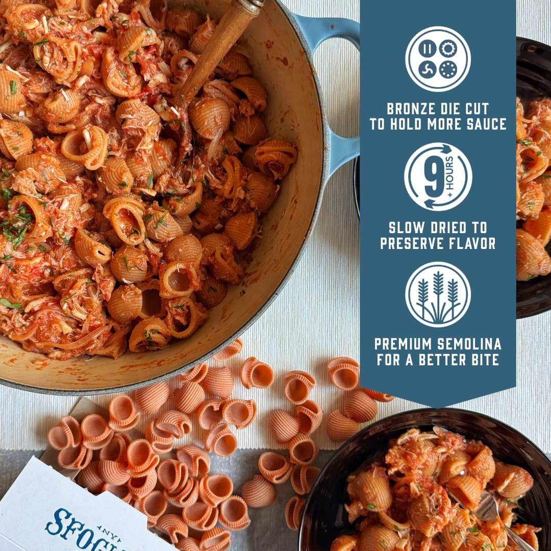 Sfoglini Pasta Club - Bronze die cut to hold more sauce. Slow dried to preserve flavor. Premium semolina for a better bite.