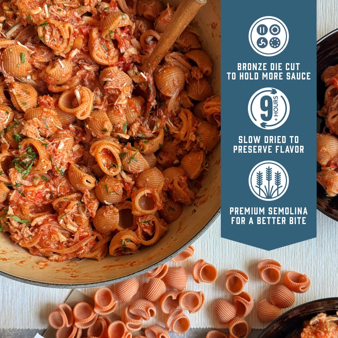 Sfoglini Calabrian Chili Lumache - Bronze die cut to hold more sauce. Slow dried to preserve flavor. Premium semolina for a better bite.