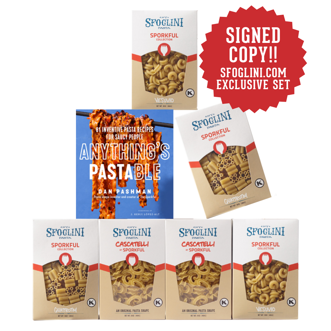 Signed ANYTHING’S PASTABLE: 81 Inventive Pasta Recipes For Saucy People Cookbook & The Sporkful Variety Pasta Set (Cascatelli, Quattrotini, Vesuvio)