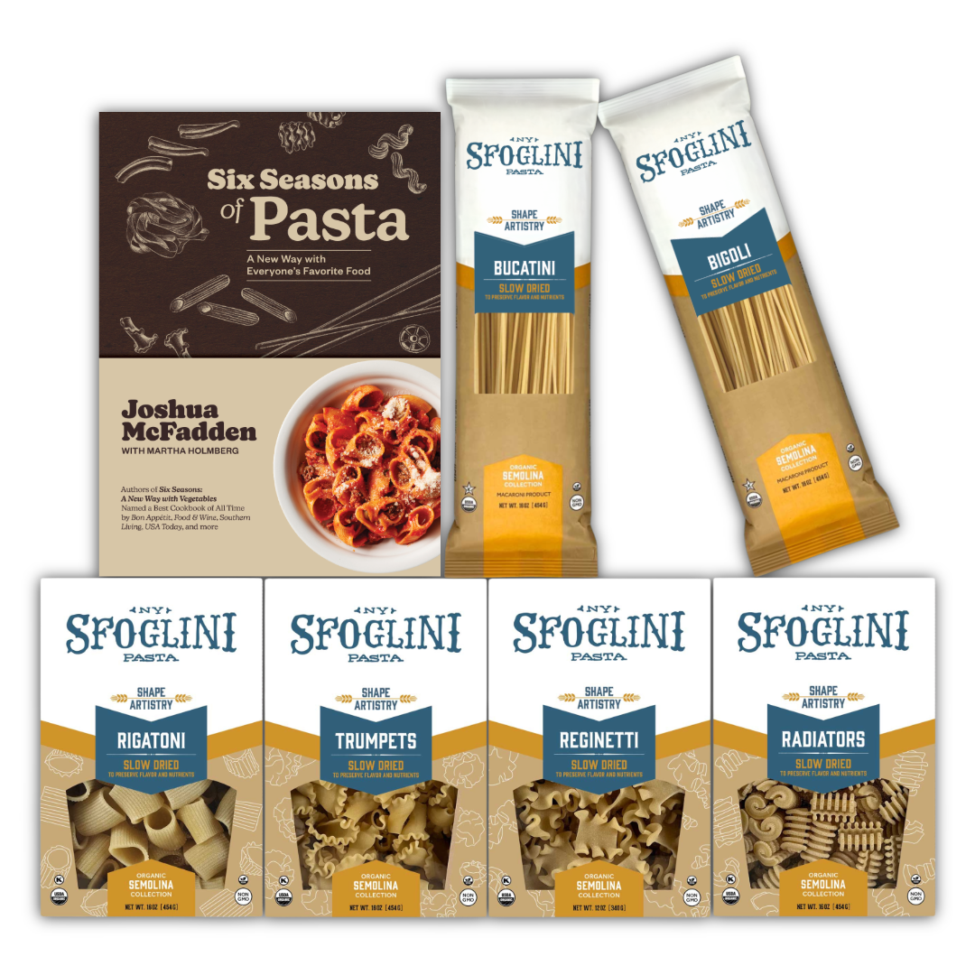Six Seasons of Pasta Cookbook & Pasta Set- Sfoglini pasta packages with a cookbook on a white background