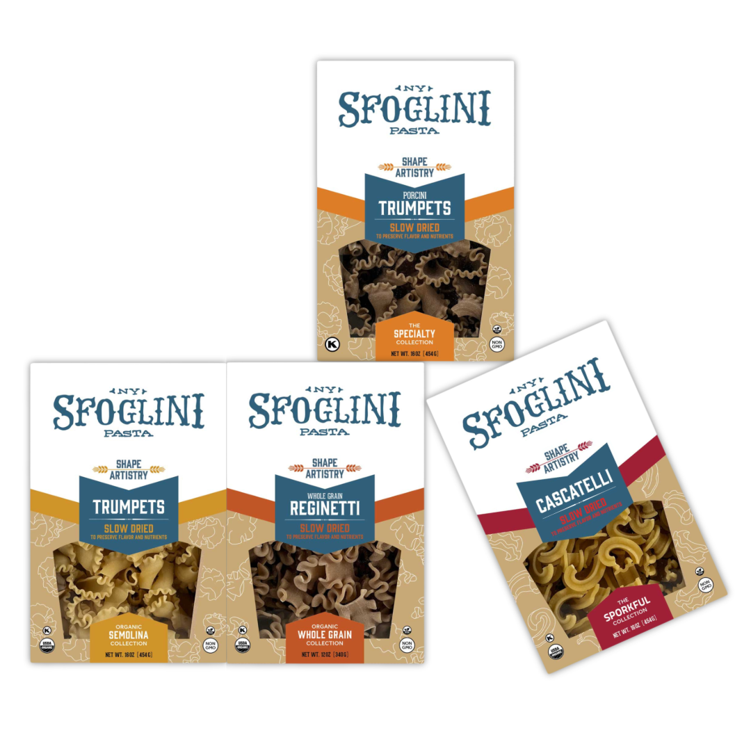 Best of Sfoglini Pasta Sampler - Organic Semolina Trumpets, Whole Grain Blend Reginetti, Porcini Trumpets, and Cascatelli by Sporkful