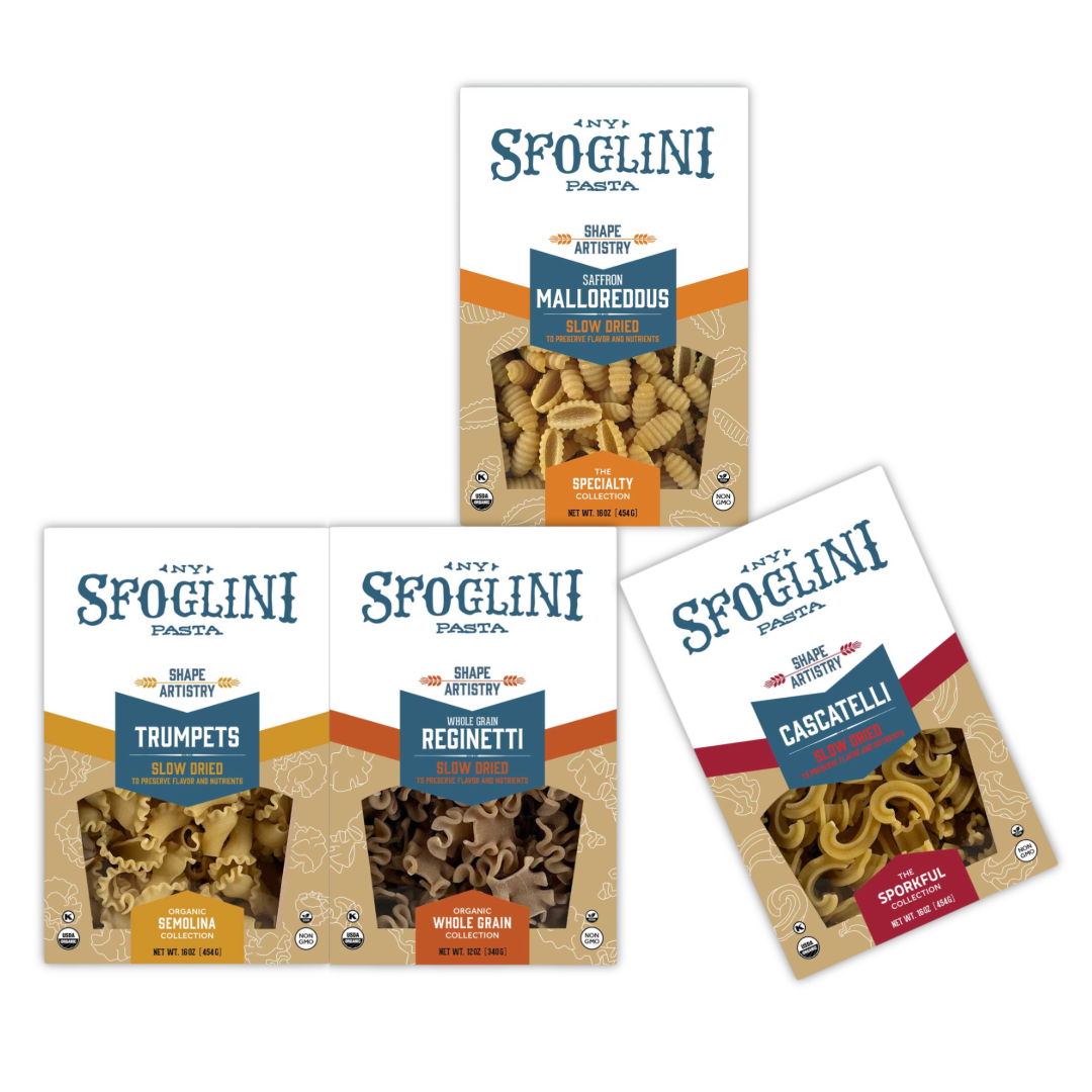 Best of Sfoglini Pasta Sampler - Organic Semolina Trumpets, Whole Grain Blend Reginetti, Saffron Malloreddus, and Cascatelli by Sporkful. Sfoglini pasta packages with different shapes on a white background