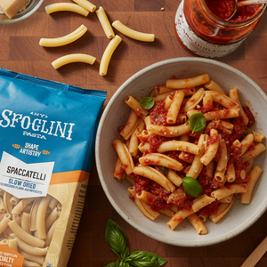 Sfoglini Classic Italian Pantry Set - Spacatelli  pasta in a bowl with a jar of sauce and Sfoglini pasta packaging on a wooden surface.