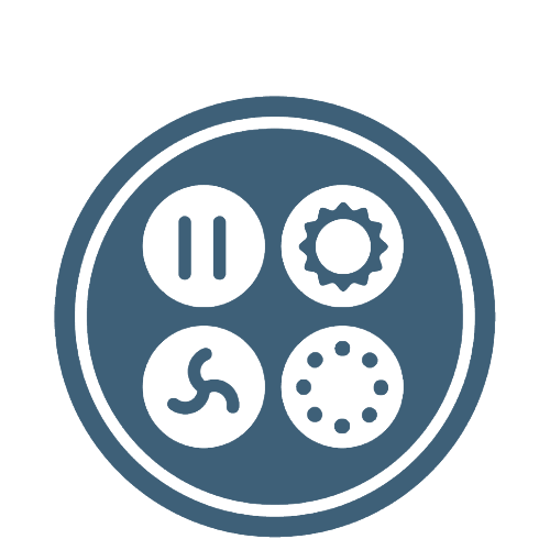 Four white pasta die icons on a blue circular background