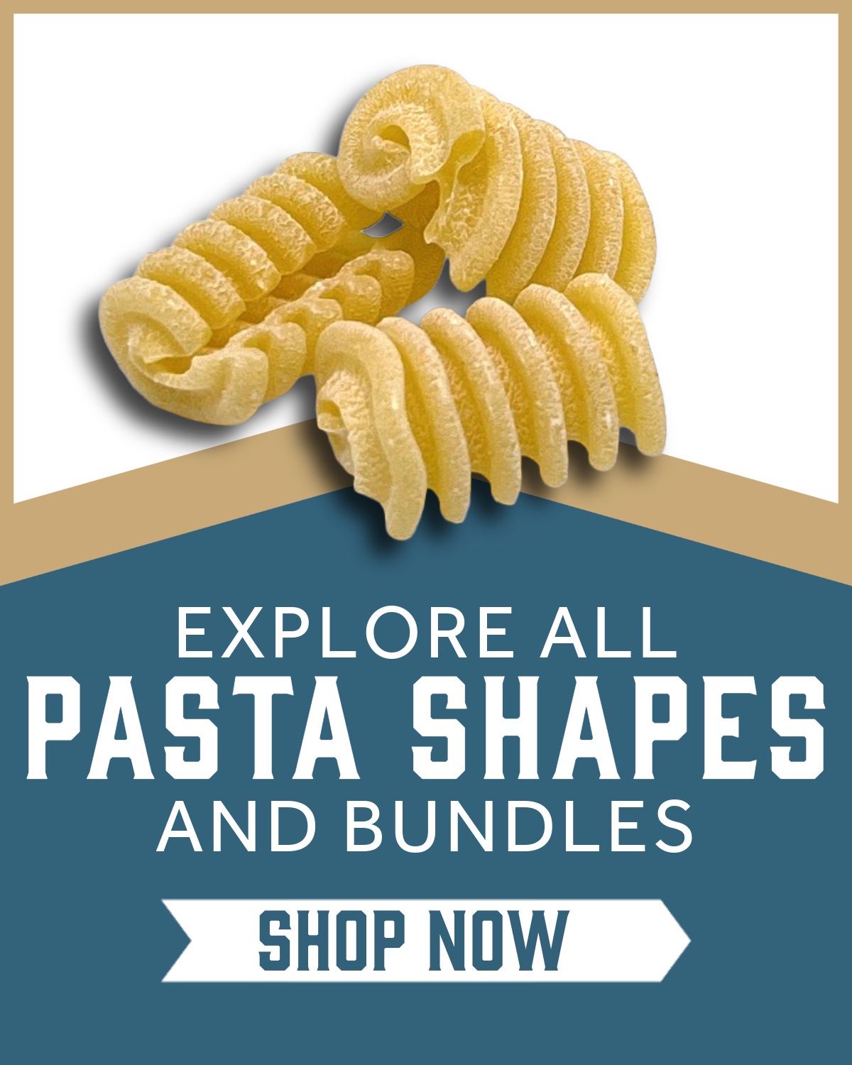 Semolina Radiators pasta on a blue and kraft background with 'Explore All Pasta Shapes and Bundles'  and 'Shop Now' text.