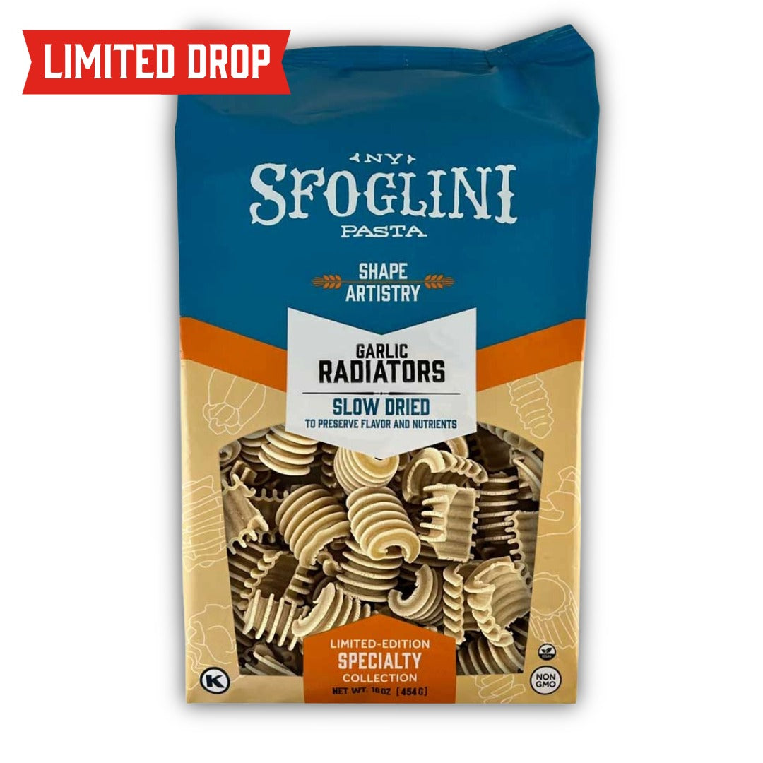 Sfoglini Pasta Garlic Radiators package on a white background with text "LIMITED DROP"