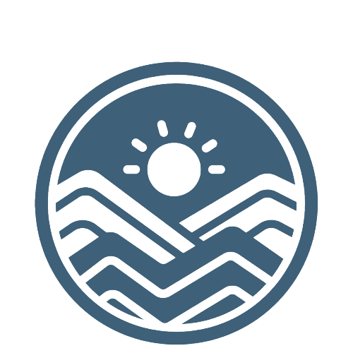 Circular icon with mountain and sun design on a white background