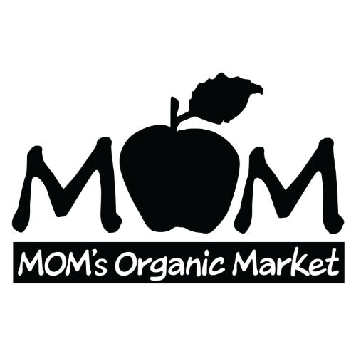 Black silhouette of an apple with leaves and 'MOM' text on a white background, featuring 'MOM's Organic Market'.