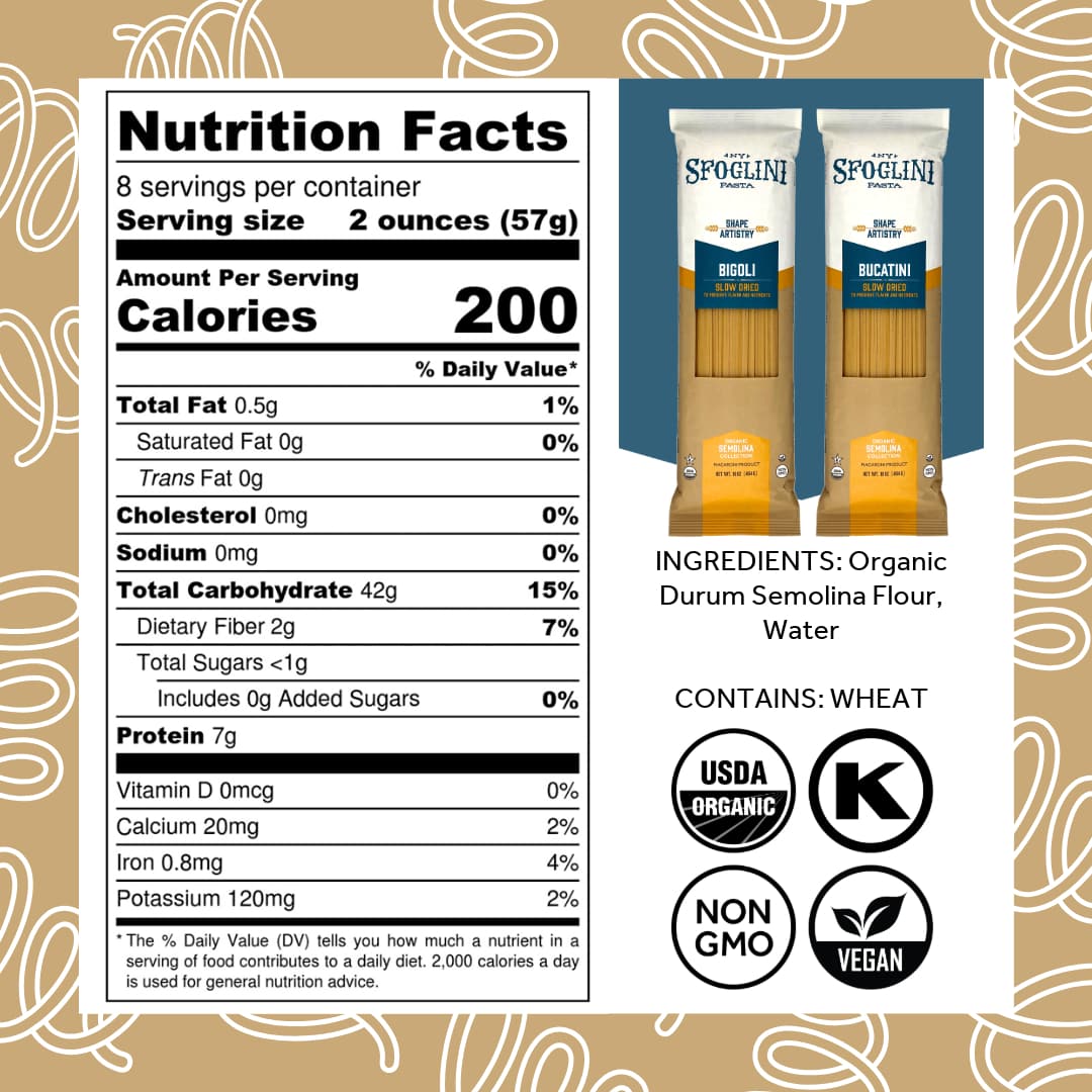 Sfoglini Organic Durum Semolina Wheat Pasta - Bigoli & Bucatini Nutrition Label and Ingredients. Kosher & Organic Certified