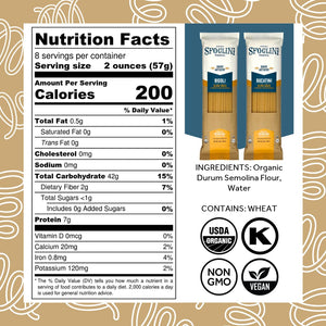Sfoglini Organic Durum Semolina Wheat Pasta - Bigoli & Bucatini Nutrition Label and Ingredients. Kosher & Organic Certified