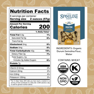 Sfoglini Organic Durum Semolina Wheat Pasta - Rigatoni Nutrition Label and Ingredients. Kosher & Organic Certified