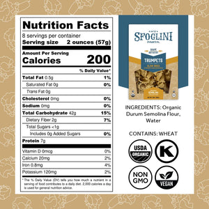 Sfoglini Organic Durum Semolina Wheat Pasta - Trumpets Nutrition Label and Ingredients. Kosher & Organic Certified