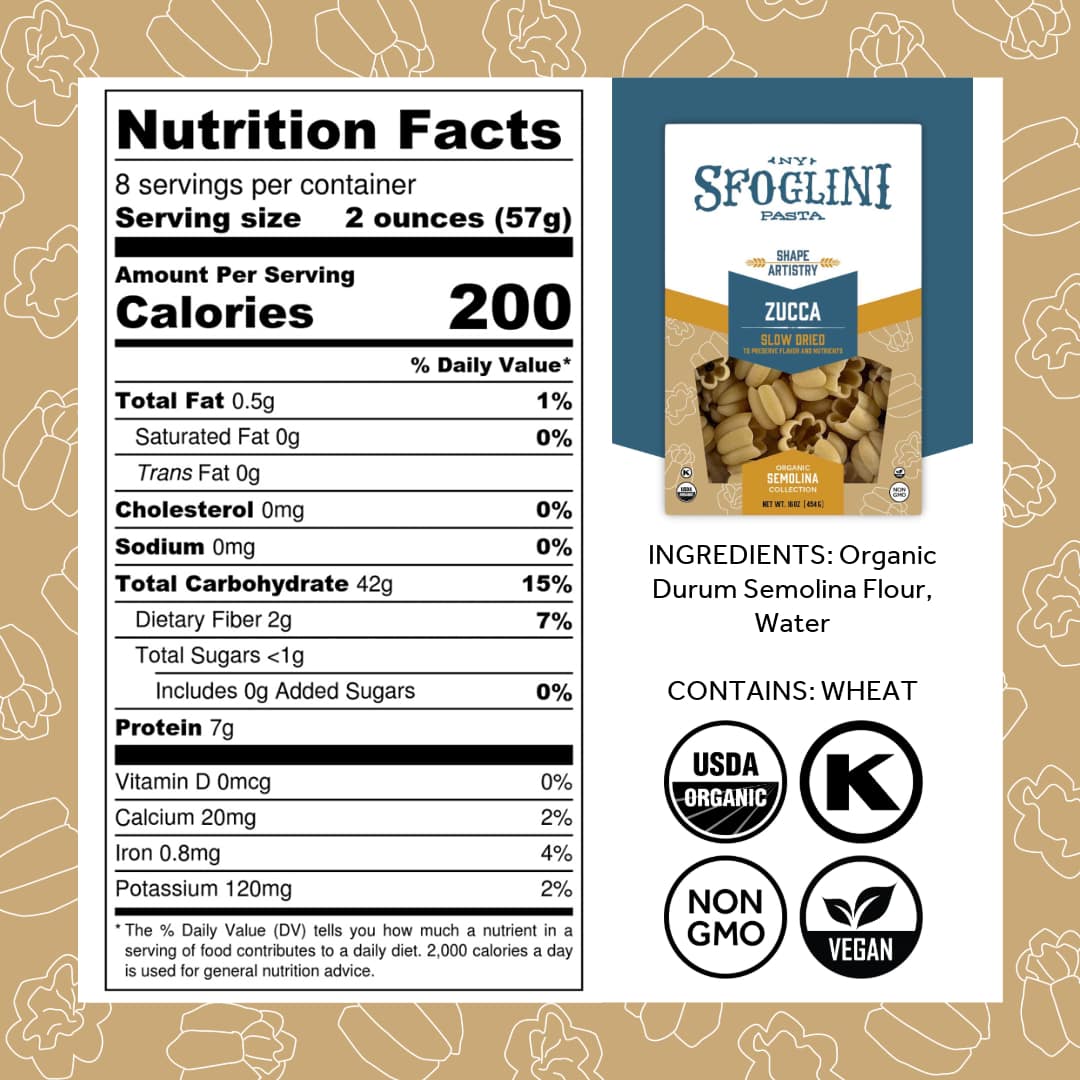Sfoglini Organic Durum Semolina Wheat Pasta - Zucca Nutrition Label and Ingredients. Kosher & Organic Certified