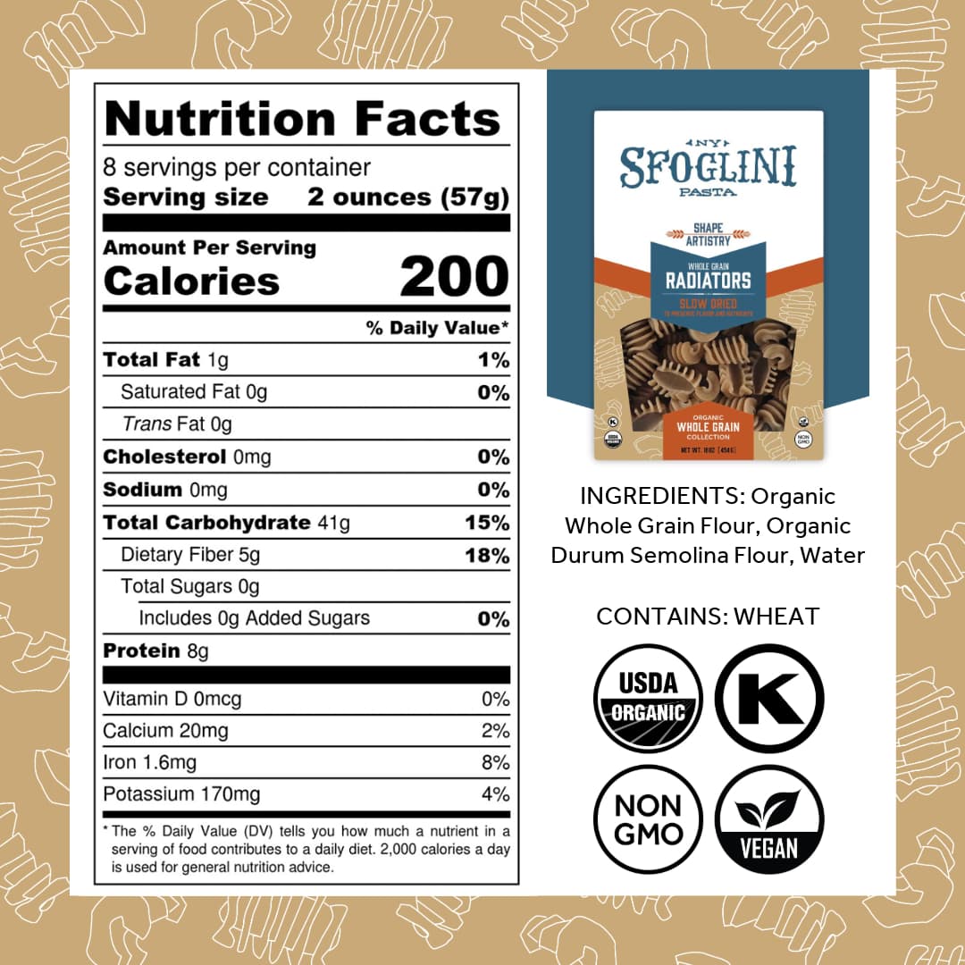 Sfoglini Organic Pasta - Whole Grain Radiators Nutrition Label and Ingredients. Kosher & Organic Certified