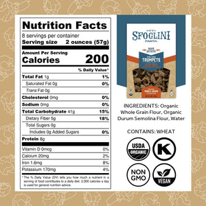 Sfoglini Organic Pasta - Whole Grain Trumpets Nutrition Label and Ingredients. Kosher & Organic Certified
