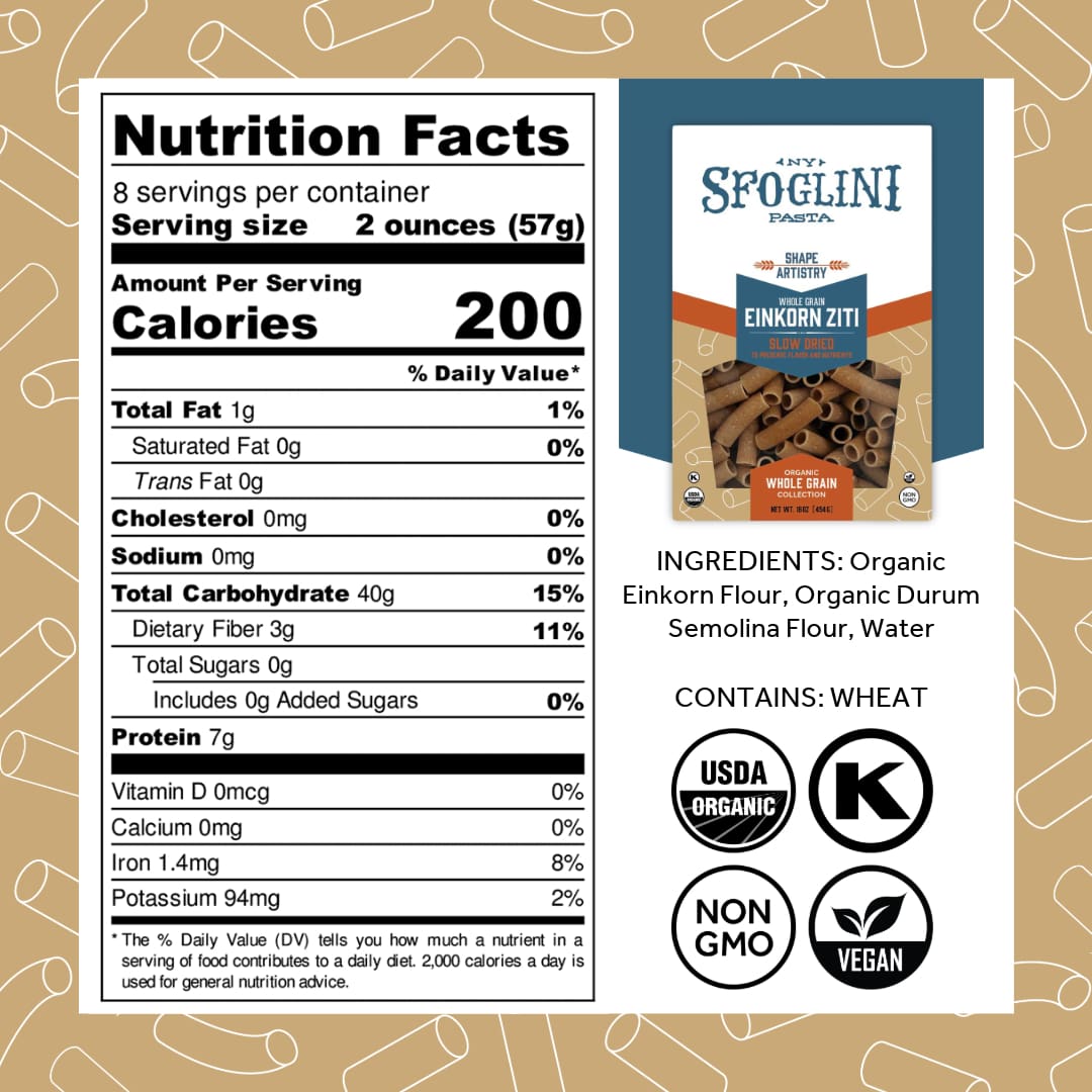 Sfoglini Organic Whole Grain Pasta - Einkorn Macaroni Nutrition Label and Ingredients. Kosher & Organic Certified