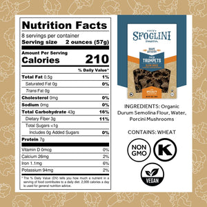 Sfoglini  Durum Semolina Wheat Specialty Pasta - Porcini Trumpets Nutrition Label and Ingredients. Kosher Certified