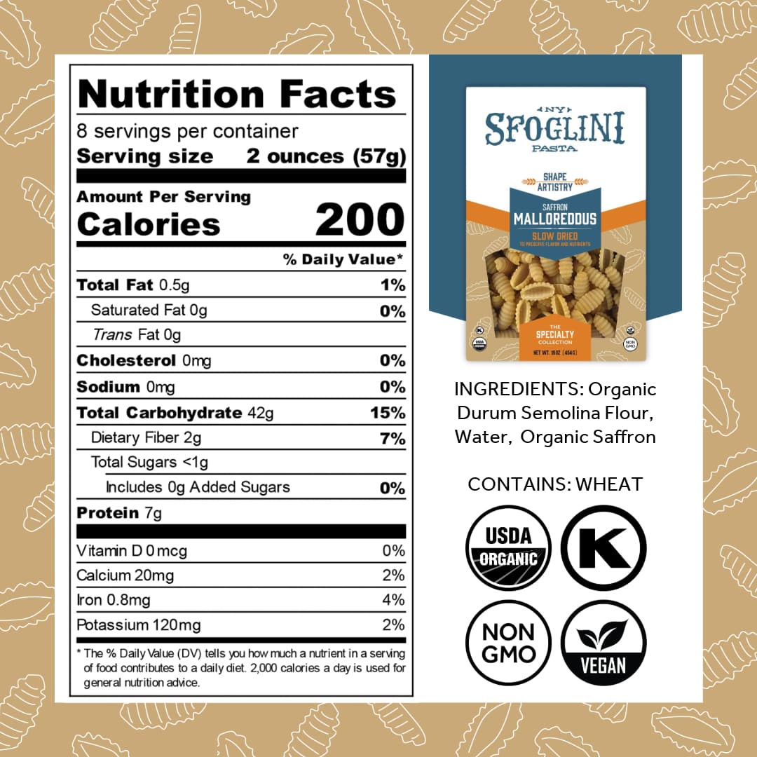 Sfoglini  Durum Semolina Wheat Specialty Pasta - Saffron Malloreddus Nutrition Label and Ingredients. Organic & Kosher Certified