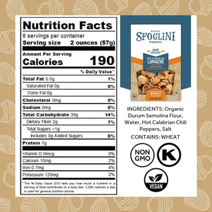 Sfoglini  Durum Semolina Wheat Specialty Pasta - Calabrian Chili Lumache Nutrition Label and Ingredients. Kosher Certified