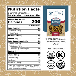 Sfoglini Organic Durum Semolina Wheat Pasta - The Sporkful - Cascatelli Nutrition Label and Ingredients. Kosher & Organic Certified