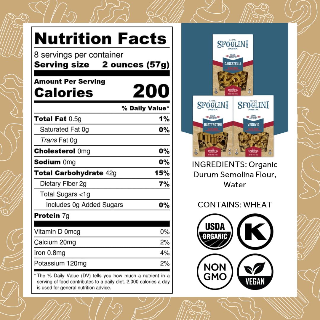 Sfoglini Organic Durum Semolina Wheat Pasta - The Sporkful - Cascatelli, Quattrotini, Vesuvio Nutrition Label and Ingredients. Kosher & Organic Certified