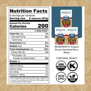 Sfoglini Organic Durum Semolina Wheat Pasta - The Sporkful - Cascatelli, Quattrotini, Vesuvio Nutrition Label and Ingredients. Kosher & Organic Certified