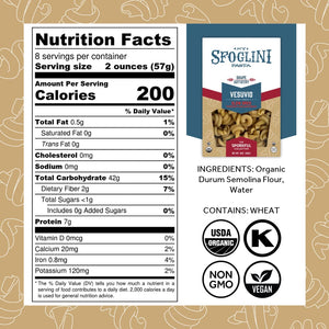 Sfoglini Organic Durum Semolina Wheat Pasta - The Sporkful - Vesuvio Nutrition Label and Ingredients. Kosher & Organic Certified