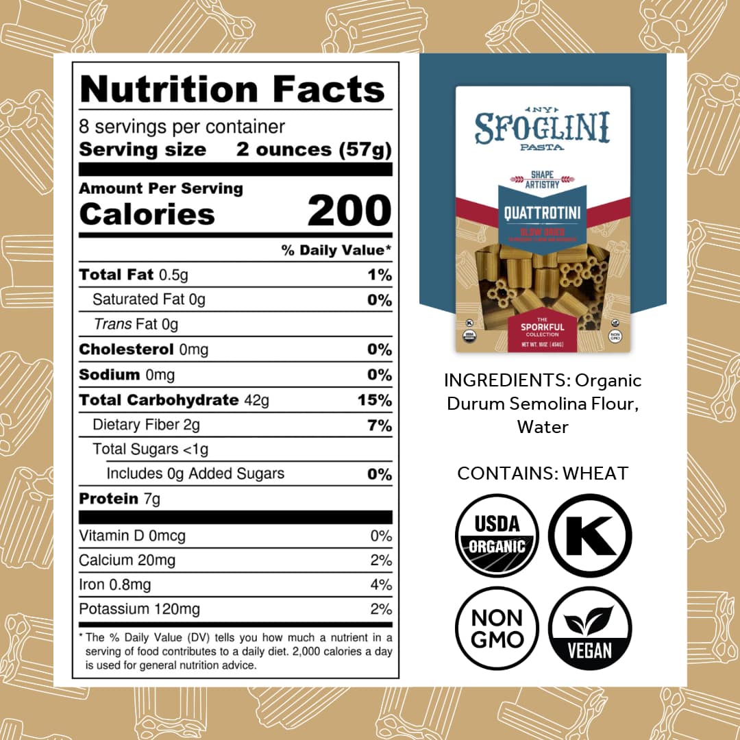 Sfoglini Organic Durum Semolina Wheat Pasta - The Sporkful - Quattrotini Nutrition Label and Ingredients. Kosher & Organic Certified