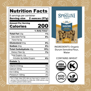 Sfoglini Organic Durum Semolina Wheat Pasta - Radiators Nutrition Label and Ingredients. Kosher & Organic Certified