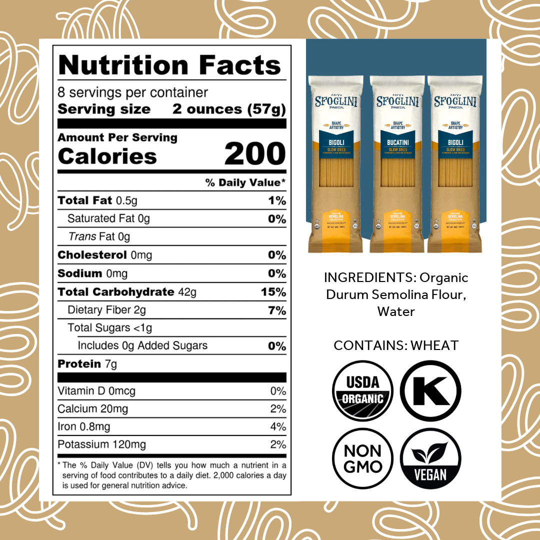 Nutrition facts label and Pasta packaging on a decorative background