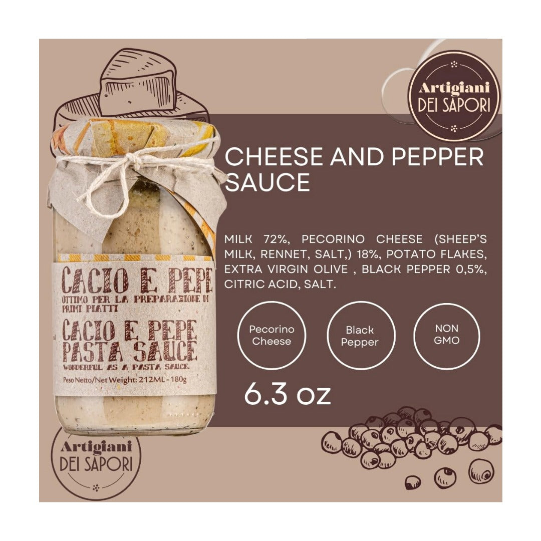 Cacio e Pepe pasta sauce with Artigiani Dei Sapori branding on a beige background. Ingredients list