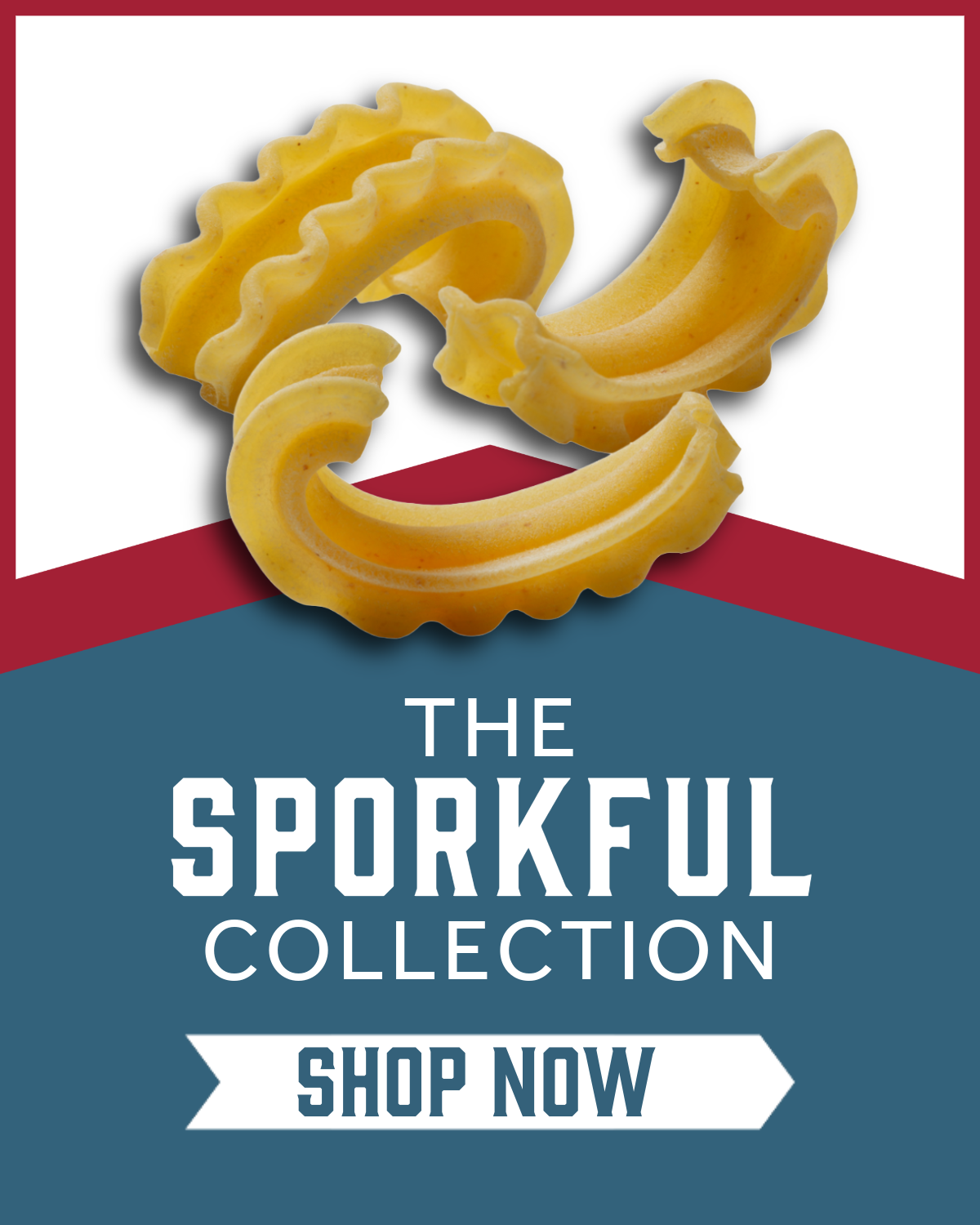 Semolina Cascatelli pasta on a blue and red background with 'Organic Sporkful Collections'  and 'Shop Now' text.