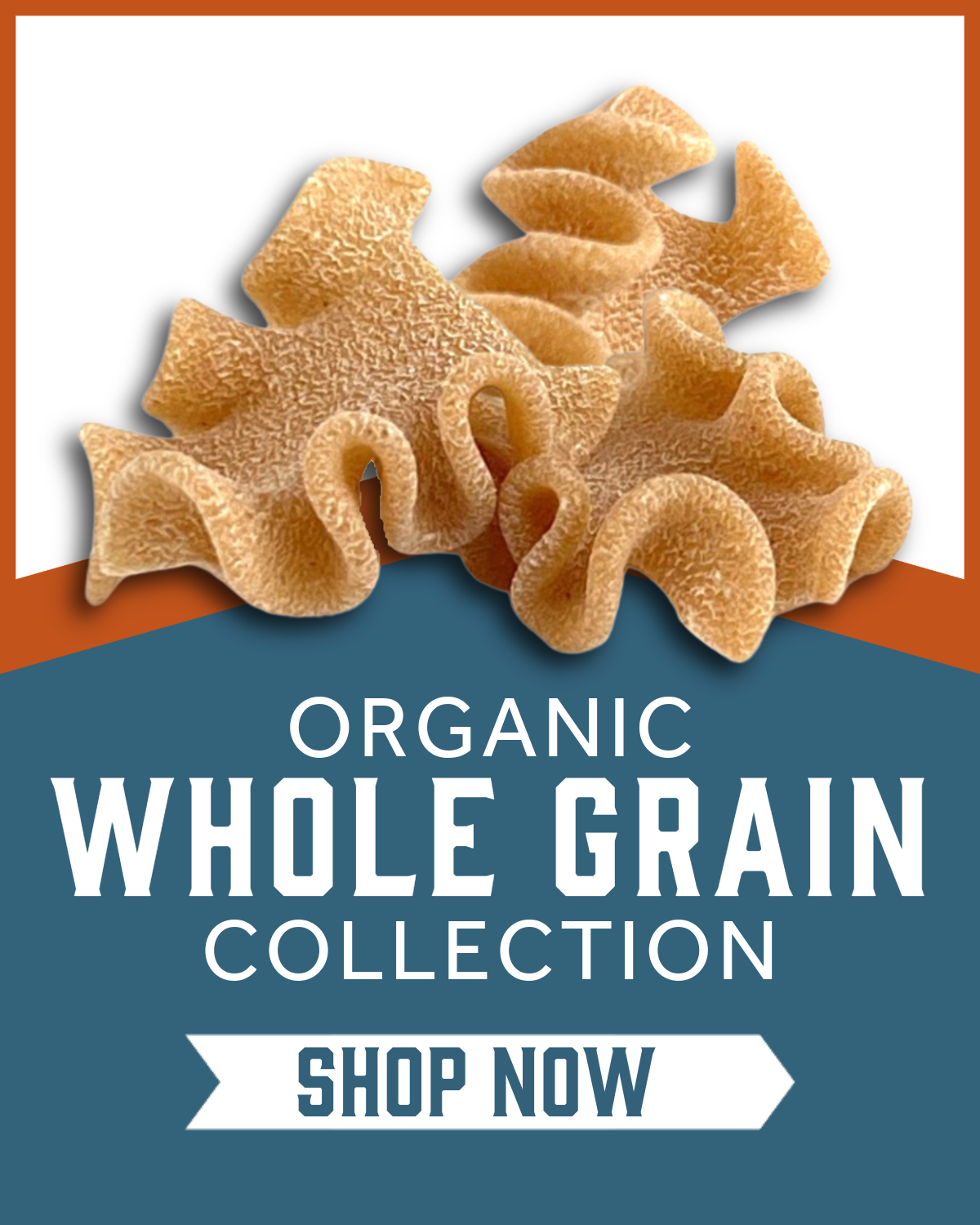 Whole Grain Reginetti pasta on a blue and orange background with 'Organic Whole Grain Collection'  and 'Shop Now' text.