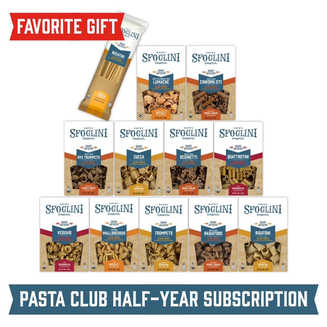 The Sfoglini Pasta Club - Half-Year of Pasta Subscription: Semolina, Whole Grain, and Specialty Flavored Pastas on white Background with text "FAVORITE GIFT"