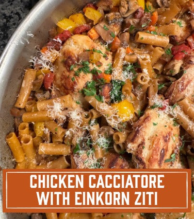Sfoglini Pasta Recipe: Pasta dish with chicken and vegetables in a pan, with text overlay 'Chicken Cacciatore with Einkorn Ziti'.