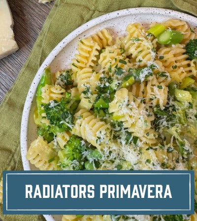 Sfoglini Pasta Recipe: Pasta dish with broccoli, asparagus, and parmesan cheese on a plate, with text overlay 'Radiators Primavera'.