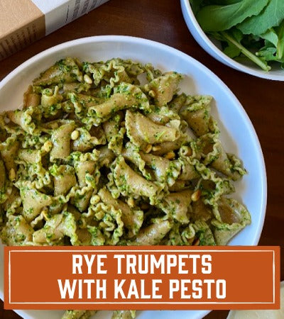Sfoglini Pasta Recipe: Pasta dish with kale pesto on a white plate, with text 'Rye Trumpets with Kale Pesto' at the bottom.