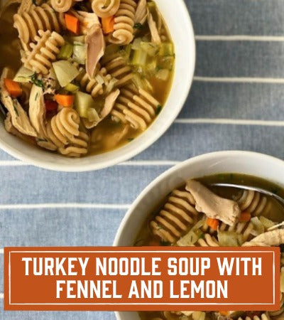 Sfoglini Pasta Recipe: Two bowls of turkey noodle soup with fennel and lemon on a blue striped background. With Text overlay "Turkey Noodle Soup with fennel and Lemon"