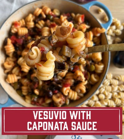Sfoglini Pasta Recipe:  dish with caponata sauce in a blue bowl, featuring text 'VESUVIO WITH CAPONATA SAUCE'.