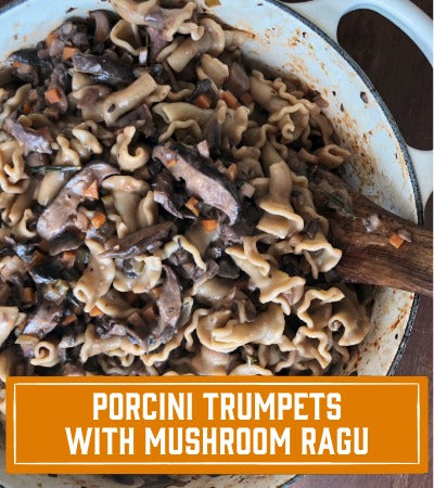 Sfoglini Pasta Recipe: Pasta dish with porcini mushrooms  trumpets and mushroom ragu in a pan with a wooden spoon. with text overlay "porcini trumpets with mushroom ragu"