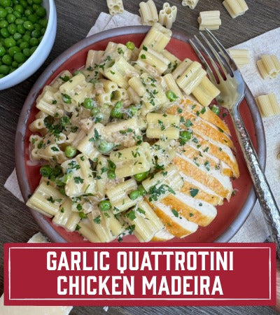 Sfoglini Pasta Recipe: Garlic Quattrotini Chicken Madeira. Pasta dish with chicken and peas on a red plate, surrounded by ingredients. With text overlay "Garlic Quattrotini Chicken Madeira"